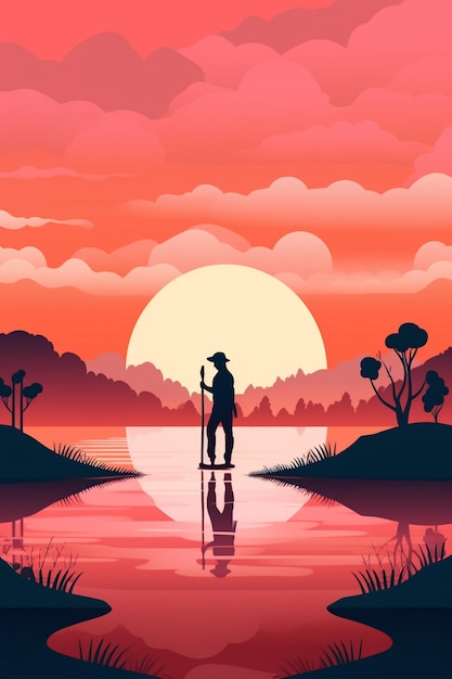 A man standing on a river in a sunset.