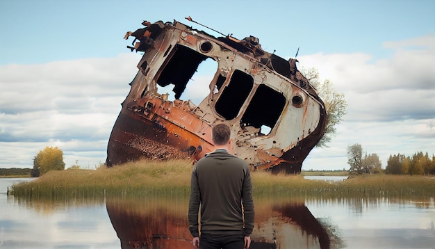 Photo a man standing in a river with his shipwreck against the background of the sky upside down