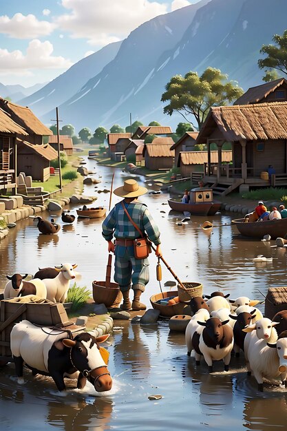 Photo a man standing in a river with many animals and boats ai generated