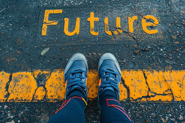 man standing on the road with the future written