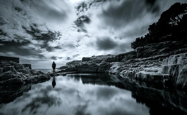 Man standing on rock at beach against sky