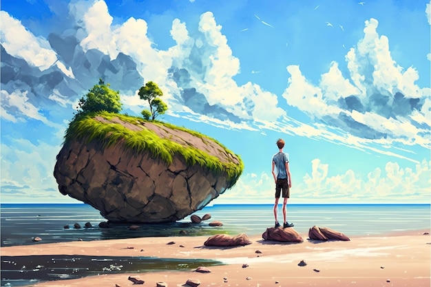 Man standing on a rock looking at the shore on a sunny dayMan standing on a rock looking at the shore on a sunny day Digital art style illustration painting