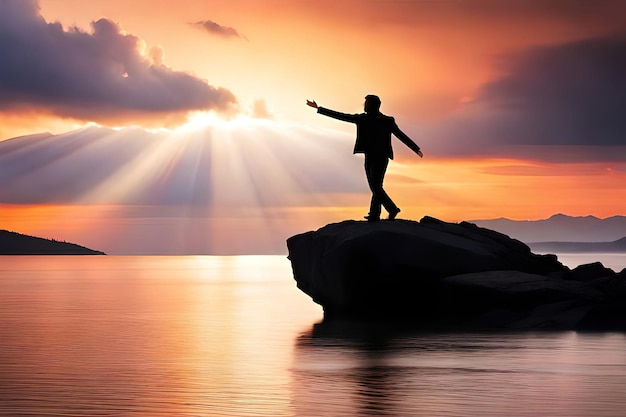 A man standing on a rock with the sun behind him