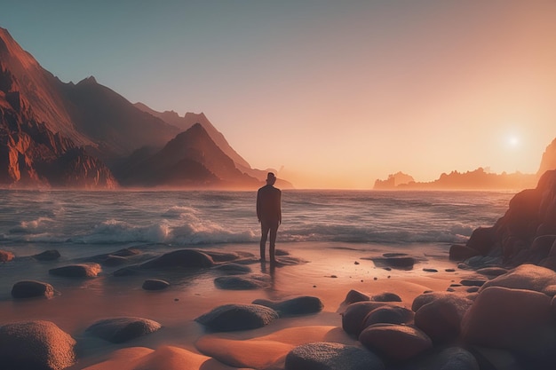 a man standing on a rock with a sunset backgrounda man standing on a rock with a sunset background