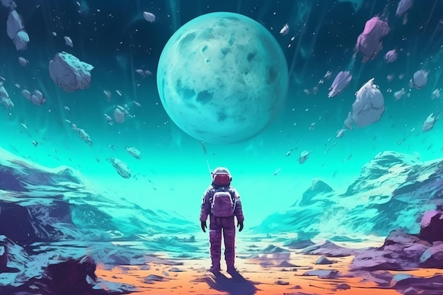 a man standing on a rocky surface looking at a planet