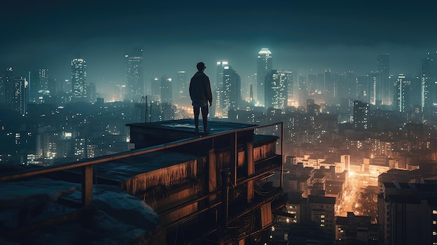 A man standing on the roof of a city AI generated