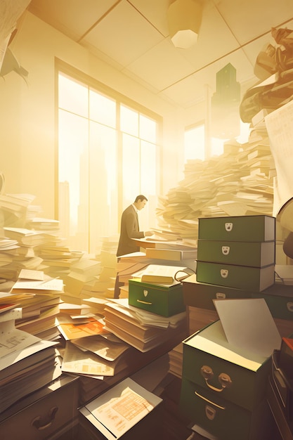 Man standing in room filled with stacks of papers next to window Generative AI