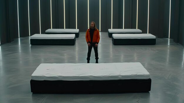 Photo a man standing in a room with beds