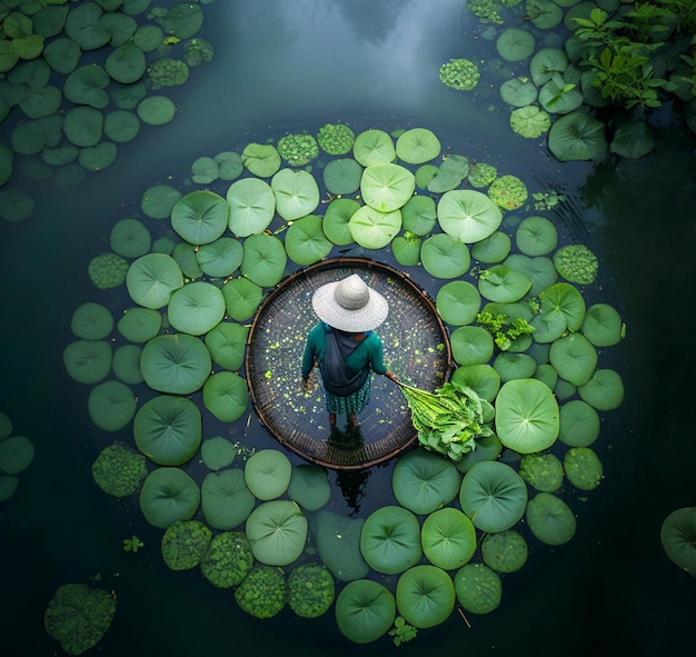 A man standing on a round piece of water surrounded by lotus leaves.