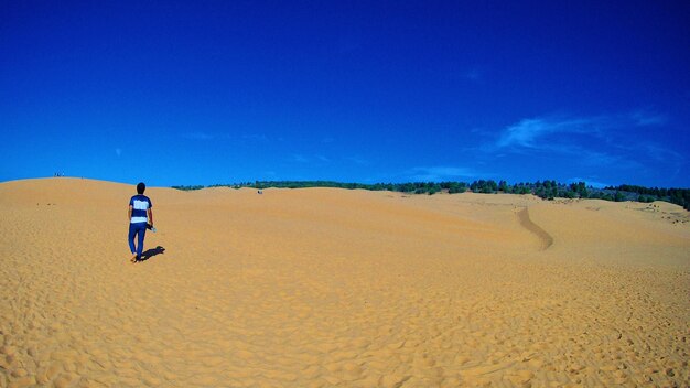 Man standing on sandy beach against sky