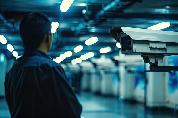 Foto un uomo in piedi accanto a una telecamera di sicurezza