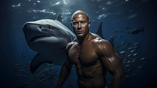 A man standing next to a shark in the water