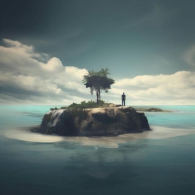 Man standing on a small island in the sea 3d rendering