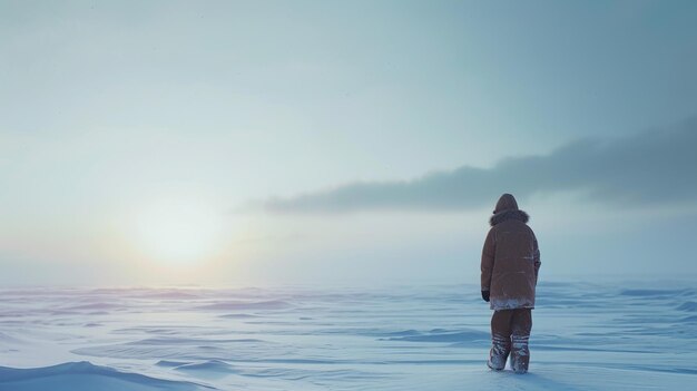 美しい日没の背景に雪の中に立っている男