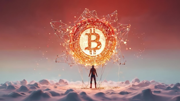 Foto uomo in piedi nella neve con il bitcoin acceso