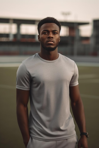 A man standing in a sports stadium wearing a gray shirt that says'i'm a man '