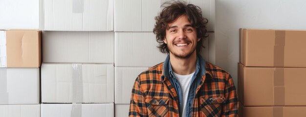 Foto uomo in piedi accanto a una pila di scatole