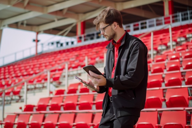 Man standing on stadium Manager man standing on stadium and holding digital tablet