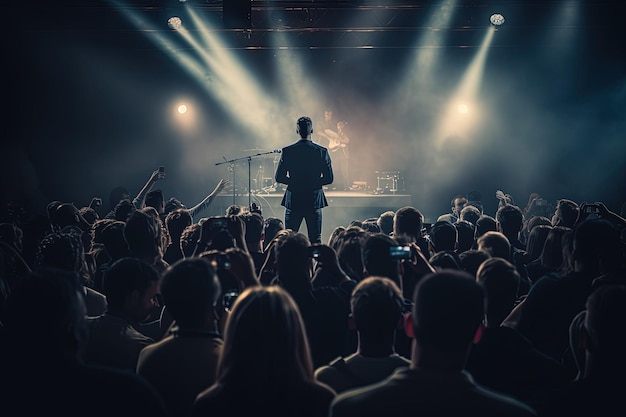 A man standing on a stage in front of a crowd