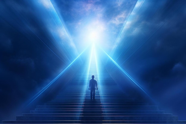 a man standing on a staircase and a blue light in the sky.