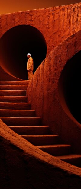 Photo a man standing on a staircase in a dark room