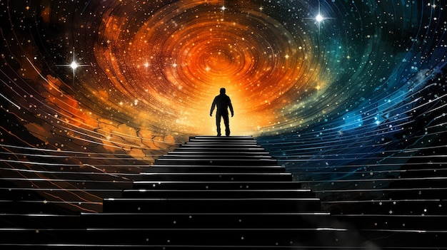 a man standing on a staircase with a star on the top.