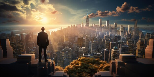 Man standing on stairs looking at growing graphs in city sky