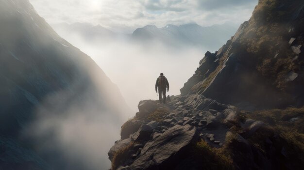 霧の中で急な崖の上に立つ男 Max Rive スタイル