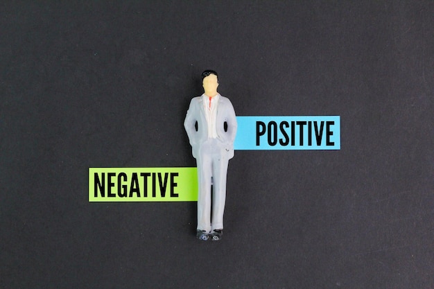 A man standing next to a stick figure with the words positive and negative on it