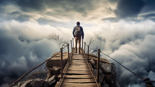 A man standing on a stone cliff over the clouds Success concept