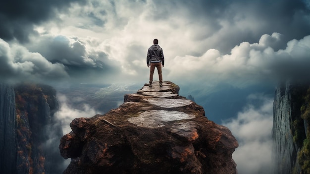 Foto un uomo in piedi su una scogliera di pietra sopra le nuvole concetto di successo