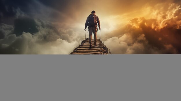 Foto un uomo in piedi su una scogliera di pietra sopra le nuvole concetto di successo