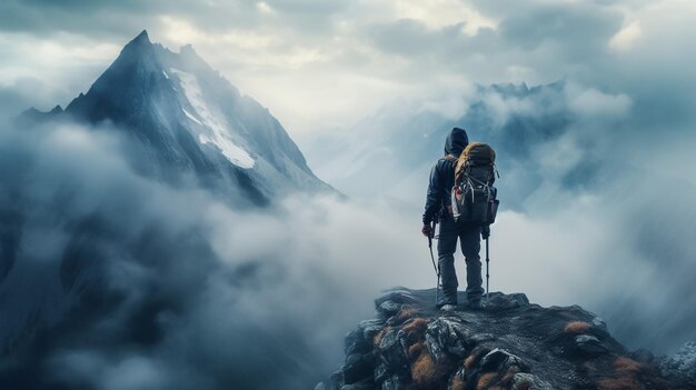 A man standing on a stone cliff over the clouds success concept