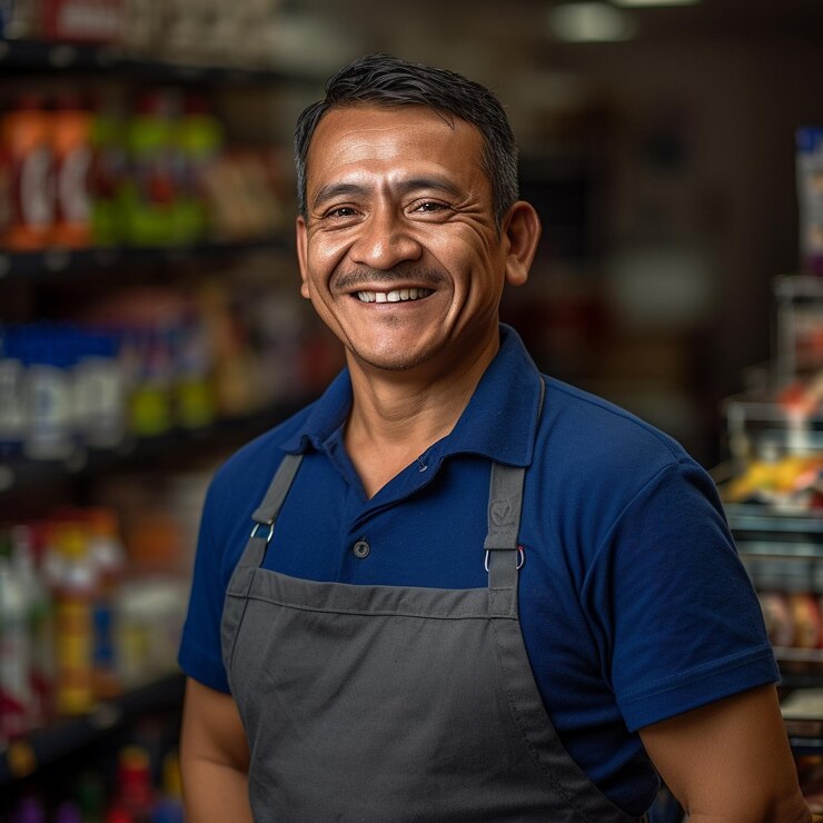 Photo a man standing in a store with a blue shirt on