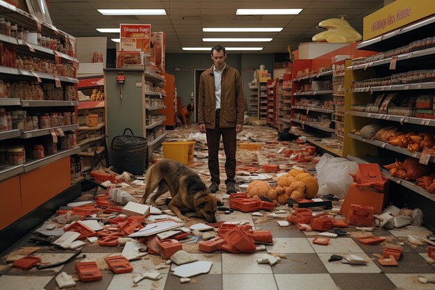 a man standing in a store with a dog in front of him