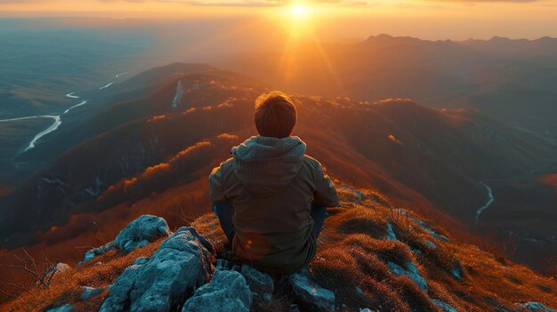 Photo man standing at sunset with sun flare the landscape