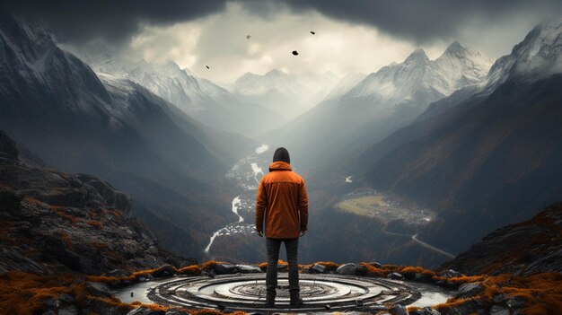 Photo a man standing on a target of a mountain top