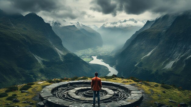 Photo a man standing on a target of a mountain top