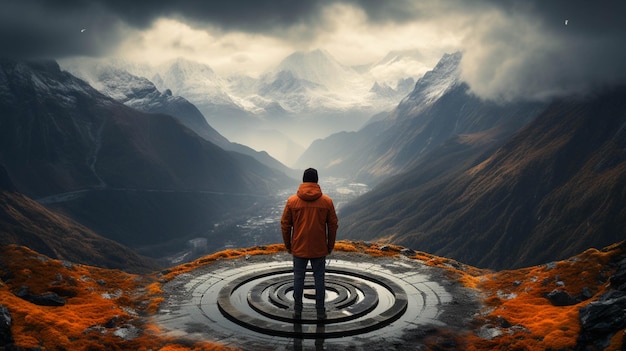 Photo a man standing on a target of a mountain top