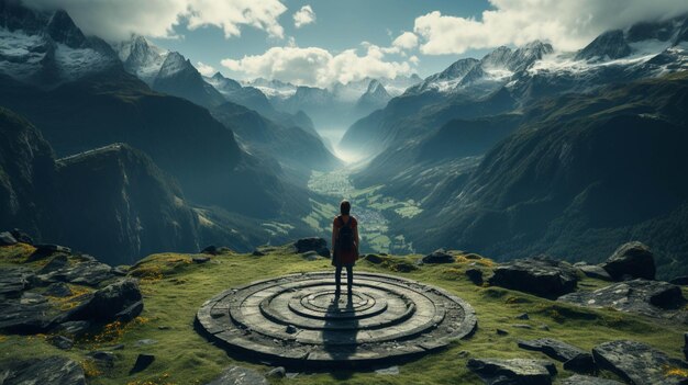 A man standing on a target of a mountain top