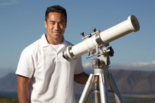 Photo a man standing next to a telescope