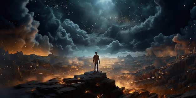 A man standing on top of a bed next to a night sky