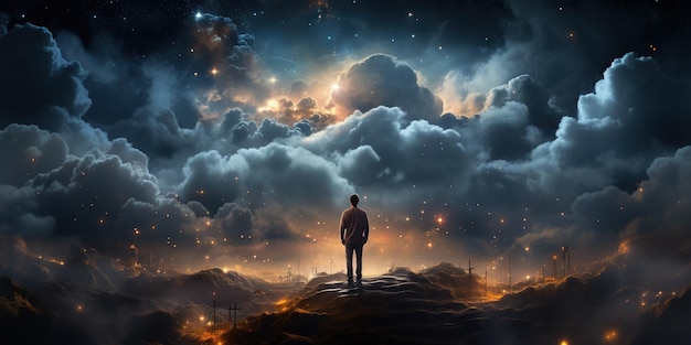 A man standing on top of a bed next to a night sky