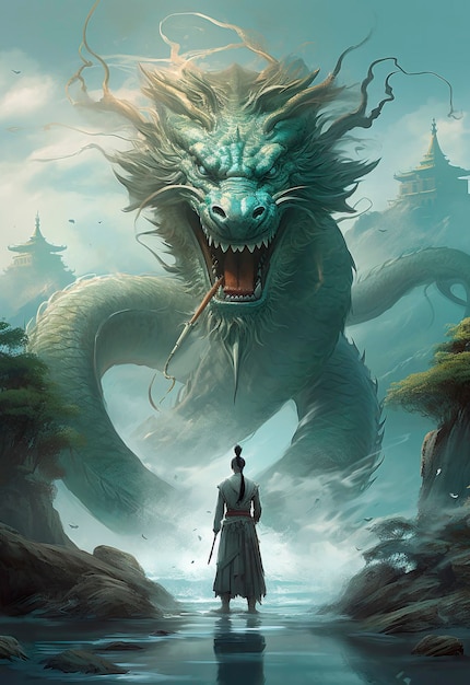 A man standing on top of a boat next to a dragon fantasy art very huge waves Chinese architecture anime cover standing in a maelstrom underwater temple generate ai