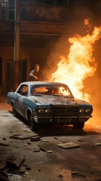 a man standing on top of a car in front of a fire