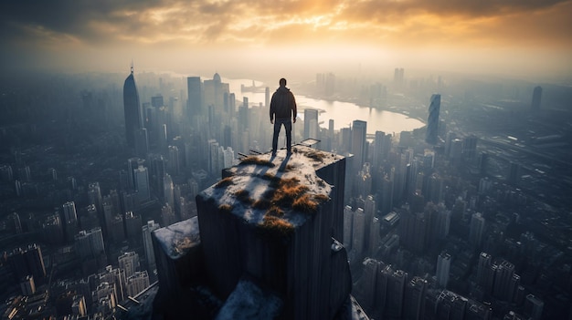 Man standing on top of a cliff looking at a cityscape