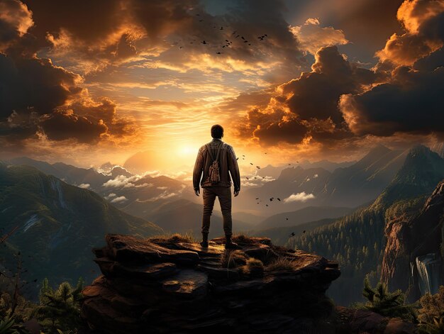 Man standing on top of cliff at sunset