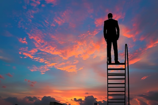 Man Standing on Top of a Ladder Next to Another Ladder Career progression concept with an employee climbing a corporate ladder AI Generated