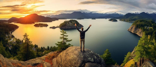 Photo a man standing on top of a large rock