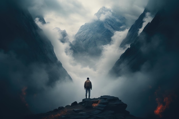 Foto un uomo in piedi in cima alla montagna generata dall'ai